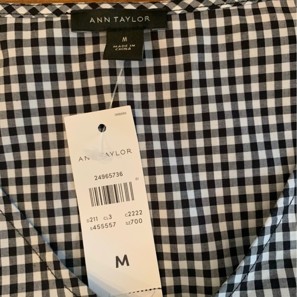 Ann Taylor Gingham Flutter Sleeve Black & White Yellow Embroidered Sleeve Sz M - Picture 3 of 8
